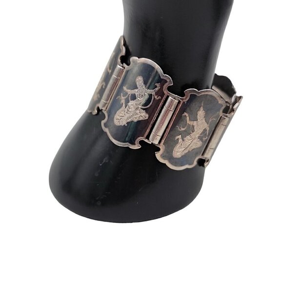 Siam Sterling Silver Bracelet 925 Niello Hindu Goddess Enamel Hinged Panel SZ 7 - Picture 4 of 16